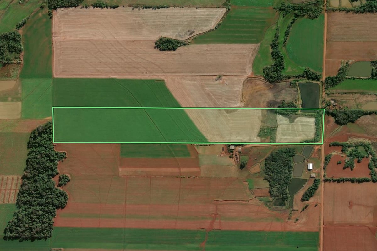 Imagem de satélite do imóvel rural em Senador Salgado Filho (RS), com o contorno declarado no CAR desenhado por cima.