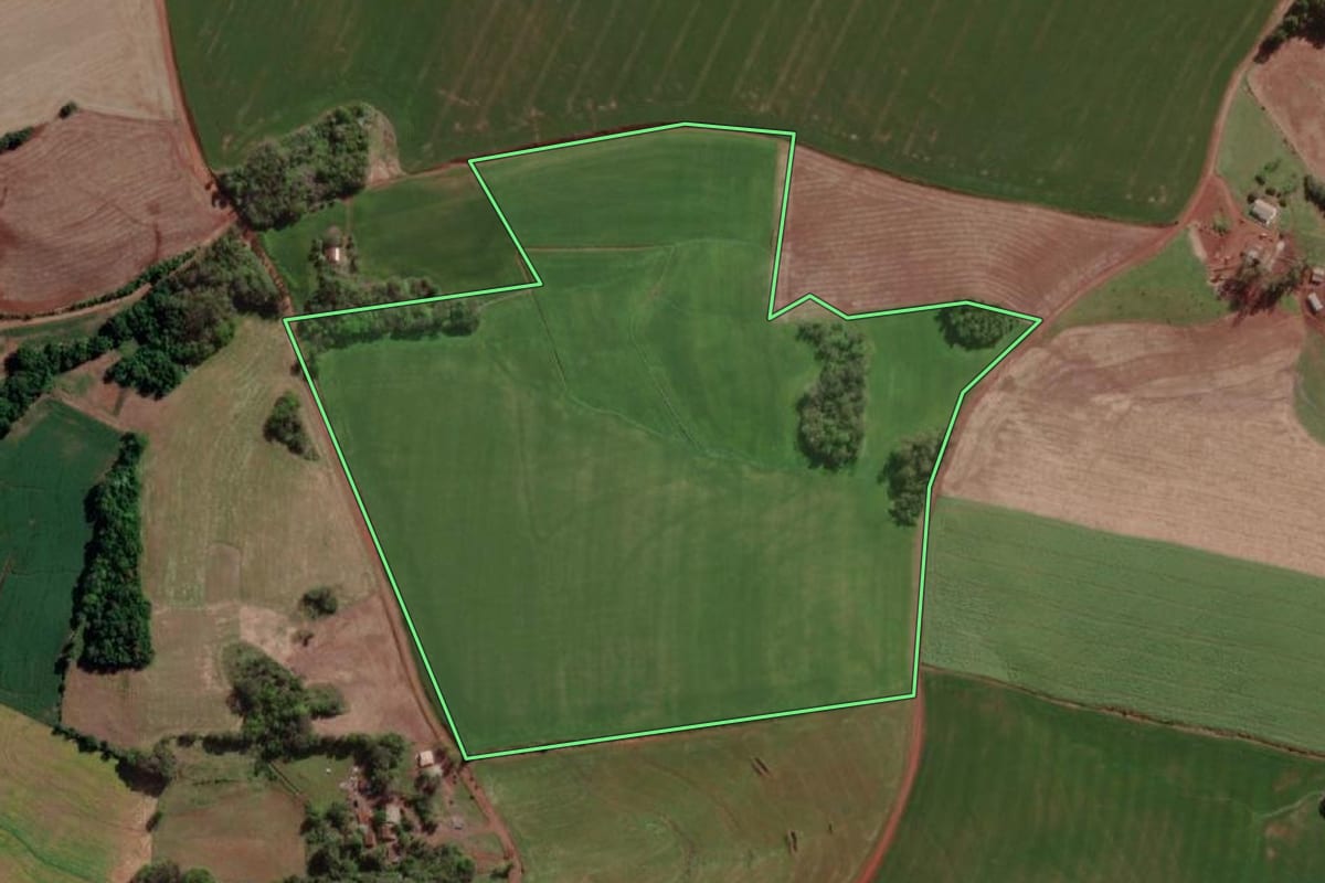 Imagem de satélite do imóvel rural em Senador Salgado Filho (RS), com o contorno declarado no CAR desenhado por cima.