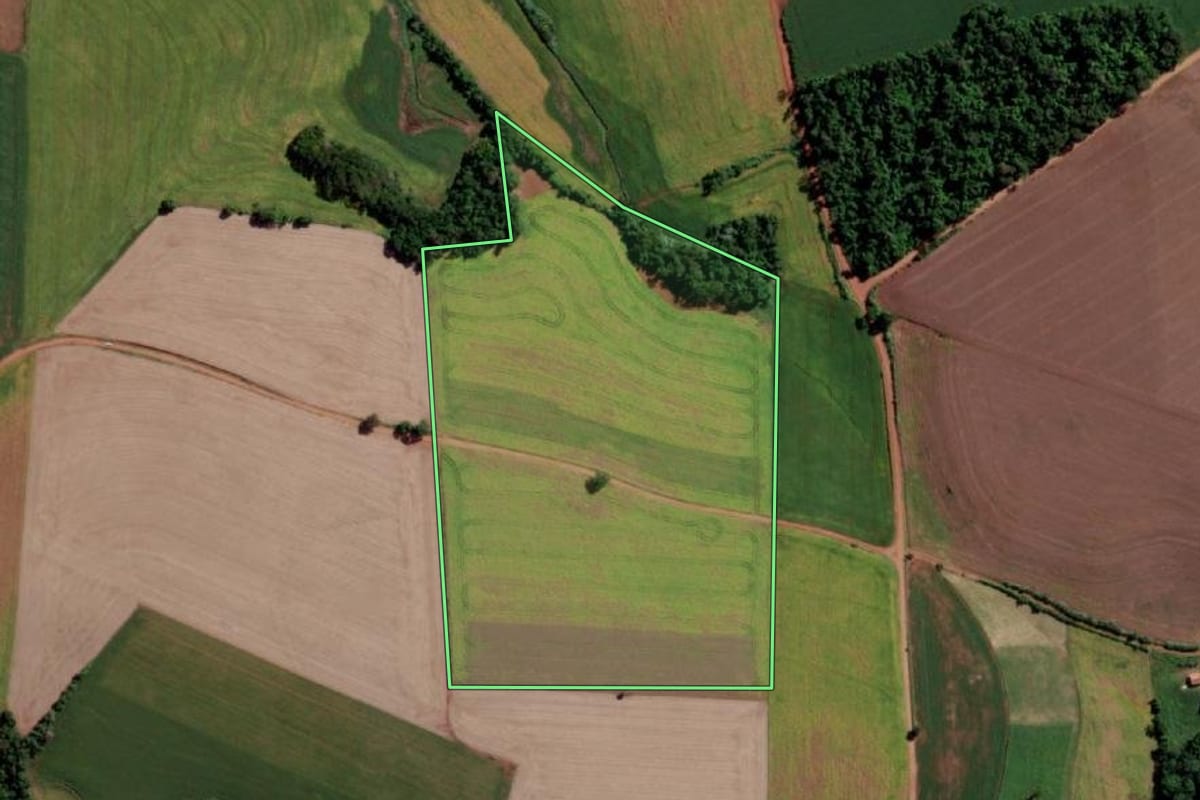 Imagem de satélite do imóvel rural em Senador Salgado Filho (RS), com o contorno declarado no CAR desenhado por cima.