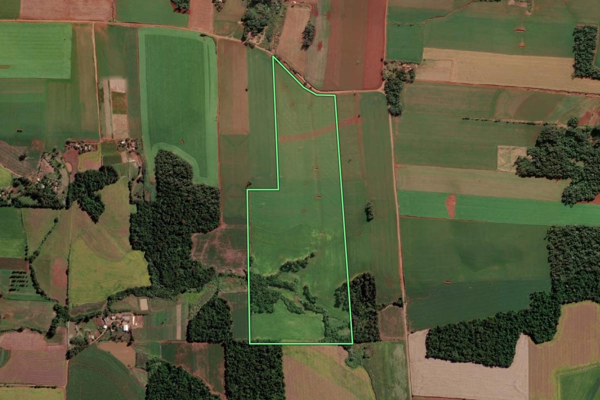 Imagem de satélite do imóvel rural em Senador Salgado Filho (RS), com o contorno declarado no CAR desenhado por cima.
