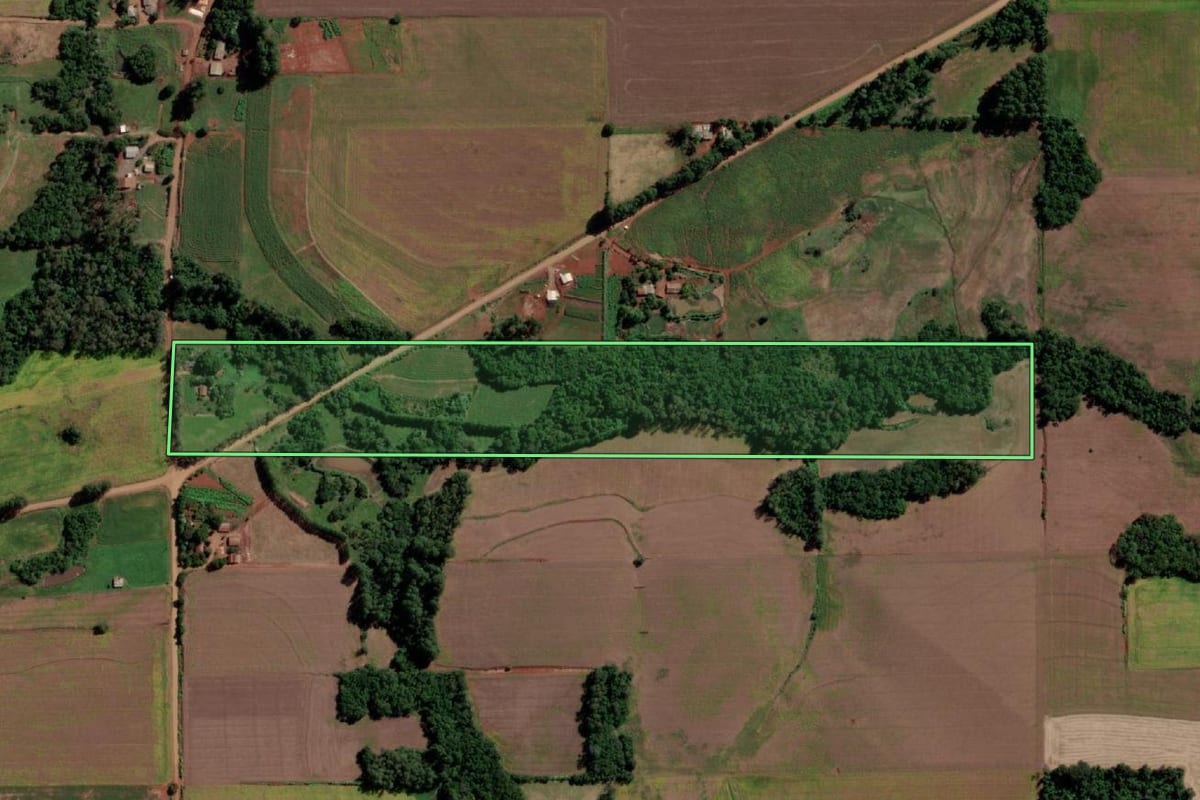 Imagem de satélite do imóvel rural em Senador Salgado Filho (RS), com o contorno declarado no CAR desenhado por cima.