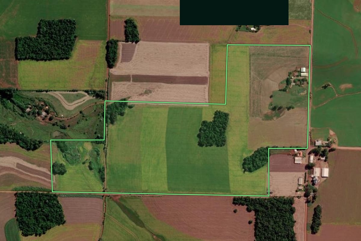 Imagem de satélite do imóvel rural em Senador Salgado Filho (RS), com o contorno declarado no CAR desenhado por cima.