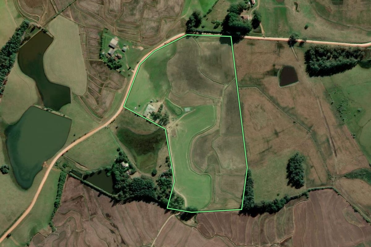 Imagem de satélite do imóvel rural em Sentinela do Sul (RS), com o contorno declarado no CAR desenhado por cima.
