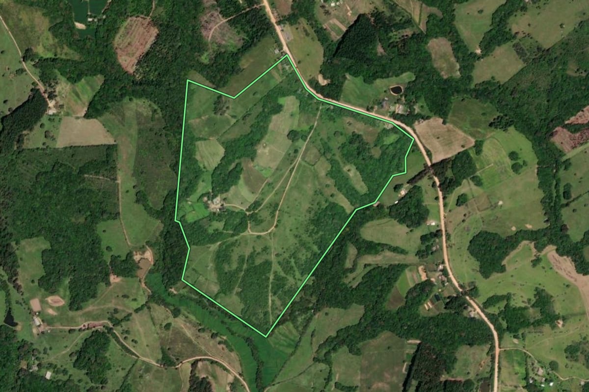 Imagem de satélite do imóvel rural em Sentinela do Sul (RS), com o contorno declarado no CAR desenhado por cima.