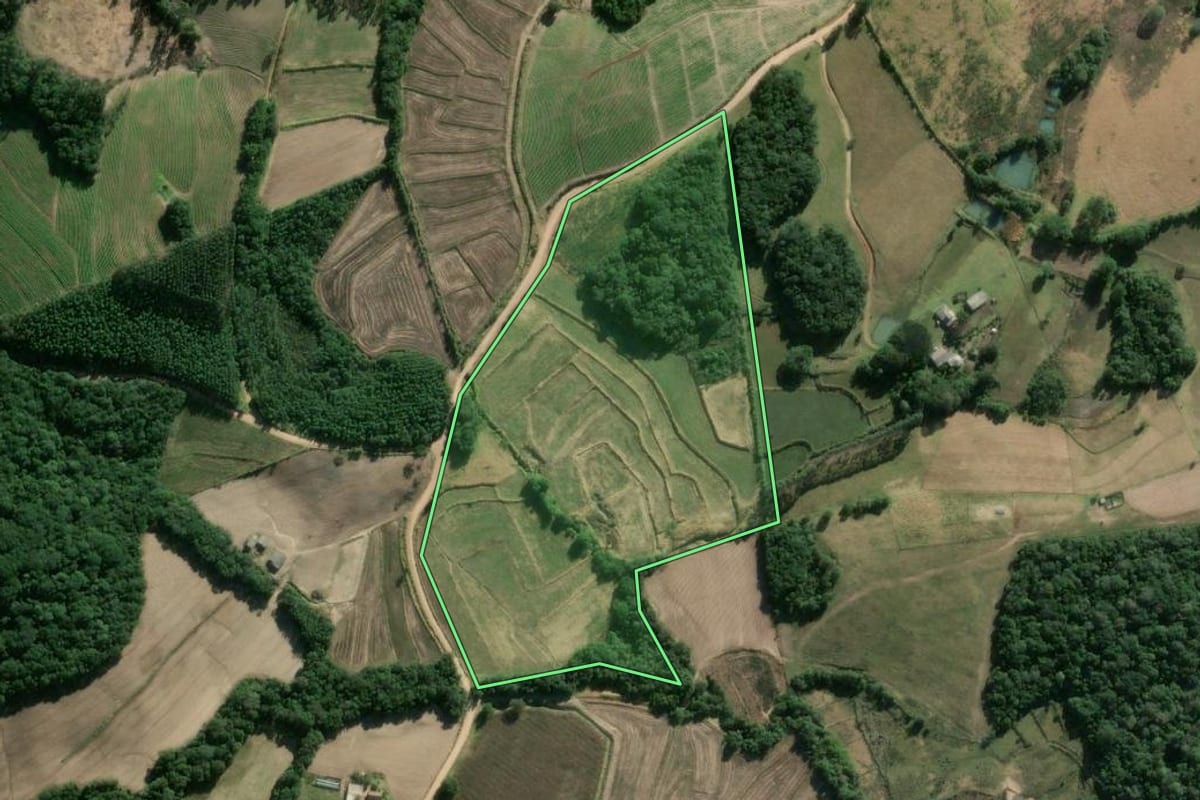 Imagem de satélite do imóvel rural em Sentinela do Sul (RS), com o contorno declarado no CAR desenhado por cima.