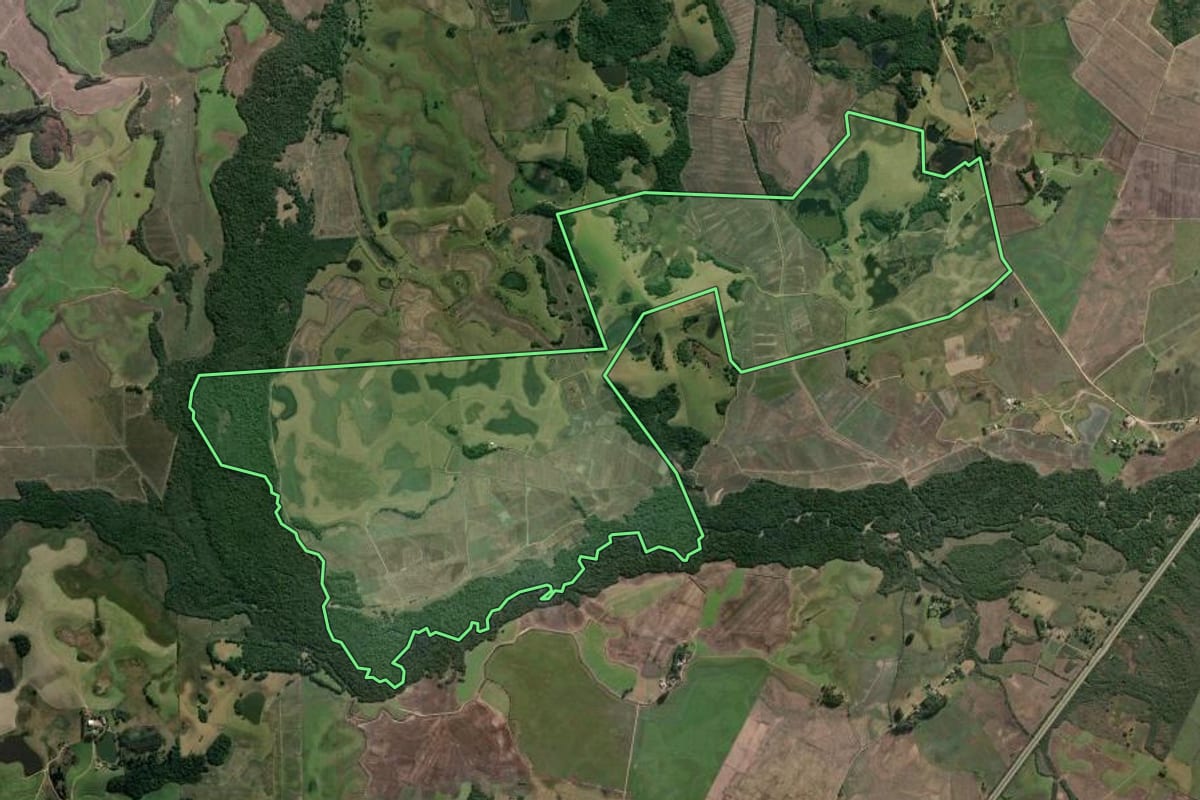 Imagem de satélite do imóvel rural em Sentinela do Sul (RS), com o contorno declarado no CAR desenhado por cima.