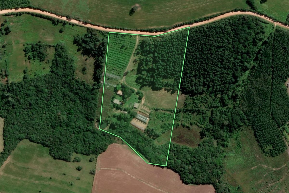 Imagem de satélite do imóvel rural em Sentinela do Sul (RS), com o contorno declarado no CAR desenhado por cima.