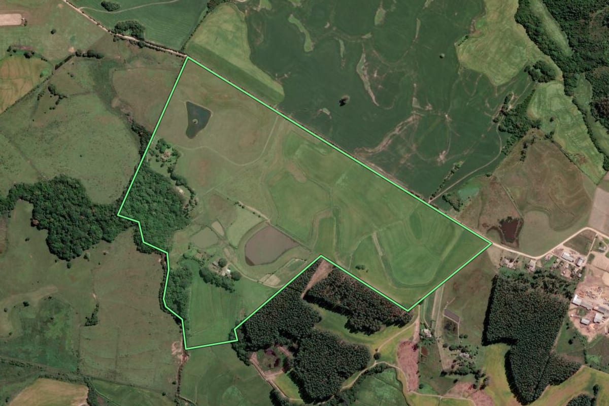 Imagem de satélite do imóvel rural em Sentinela do Sul (RS), com o contorno declarado no CAR desenhado por cima.