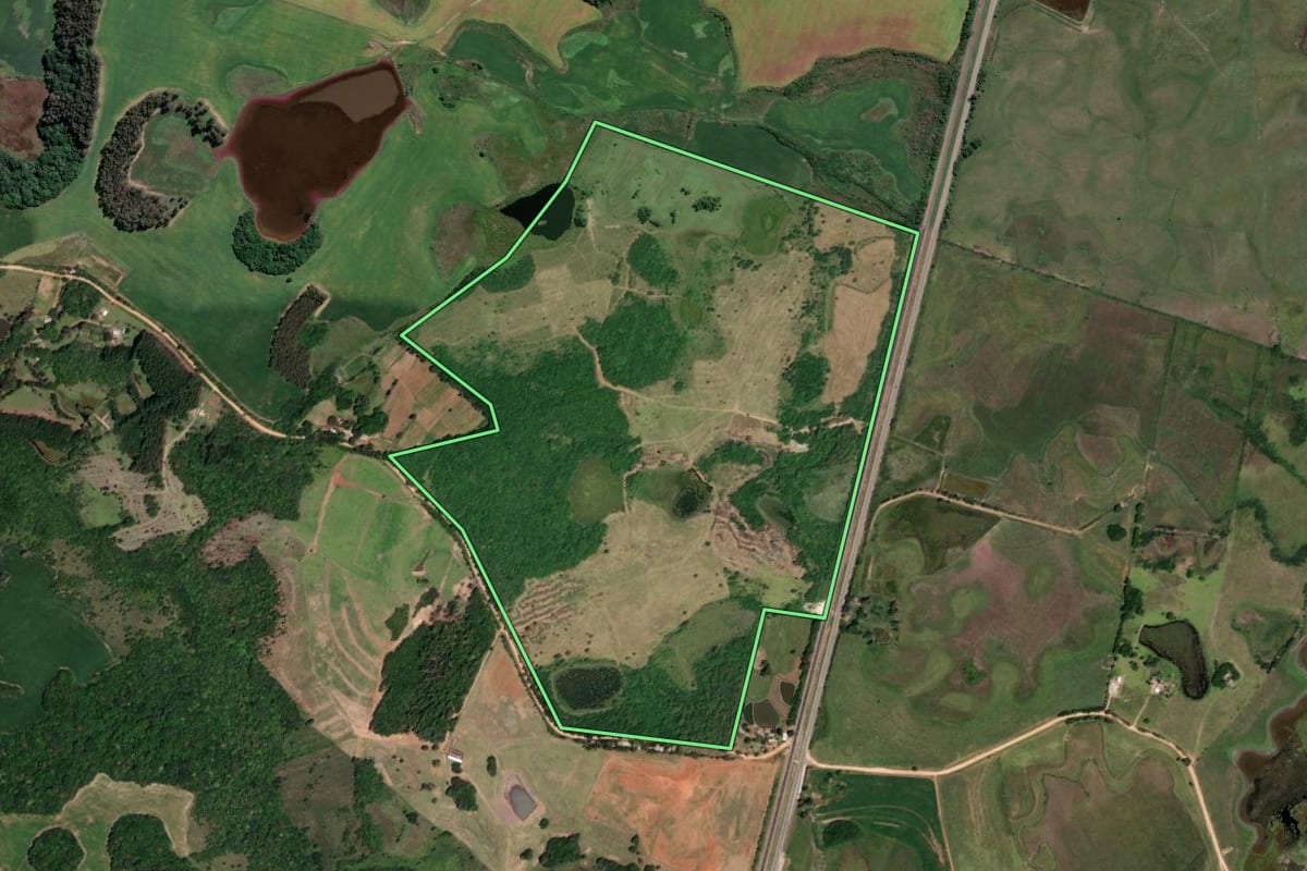 Imagem de satélite do imóvel rural em Sentinela do Sul (RS), com o contorno declarado no CAR desenhado por cima.