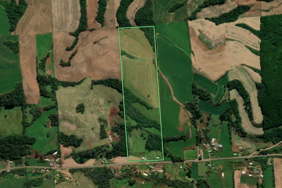 Imagem de satélite do imóvel rural em Serafina Corrêa (RS), com o contorno declarado no CAR desenhado por cima.
