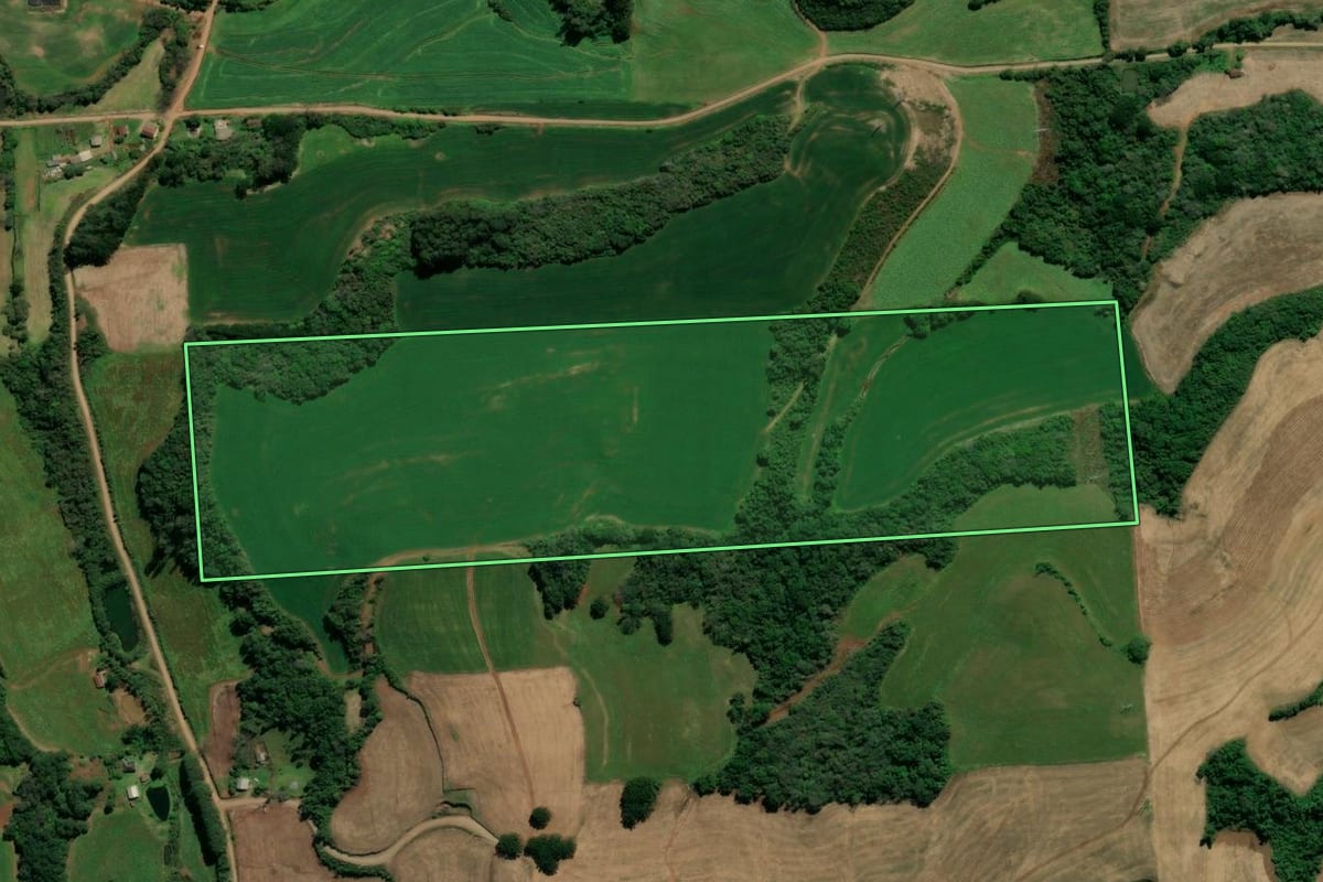 Imagem de satélite do imóvel rural em Serafina Corrêa (RS), com o contorno declarado no CAR desenhado por cima.