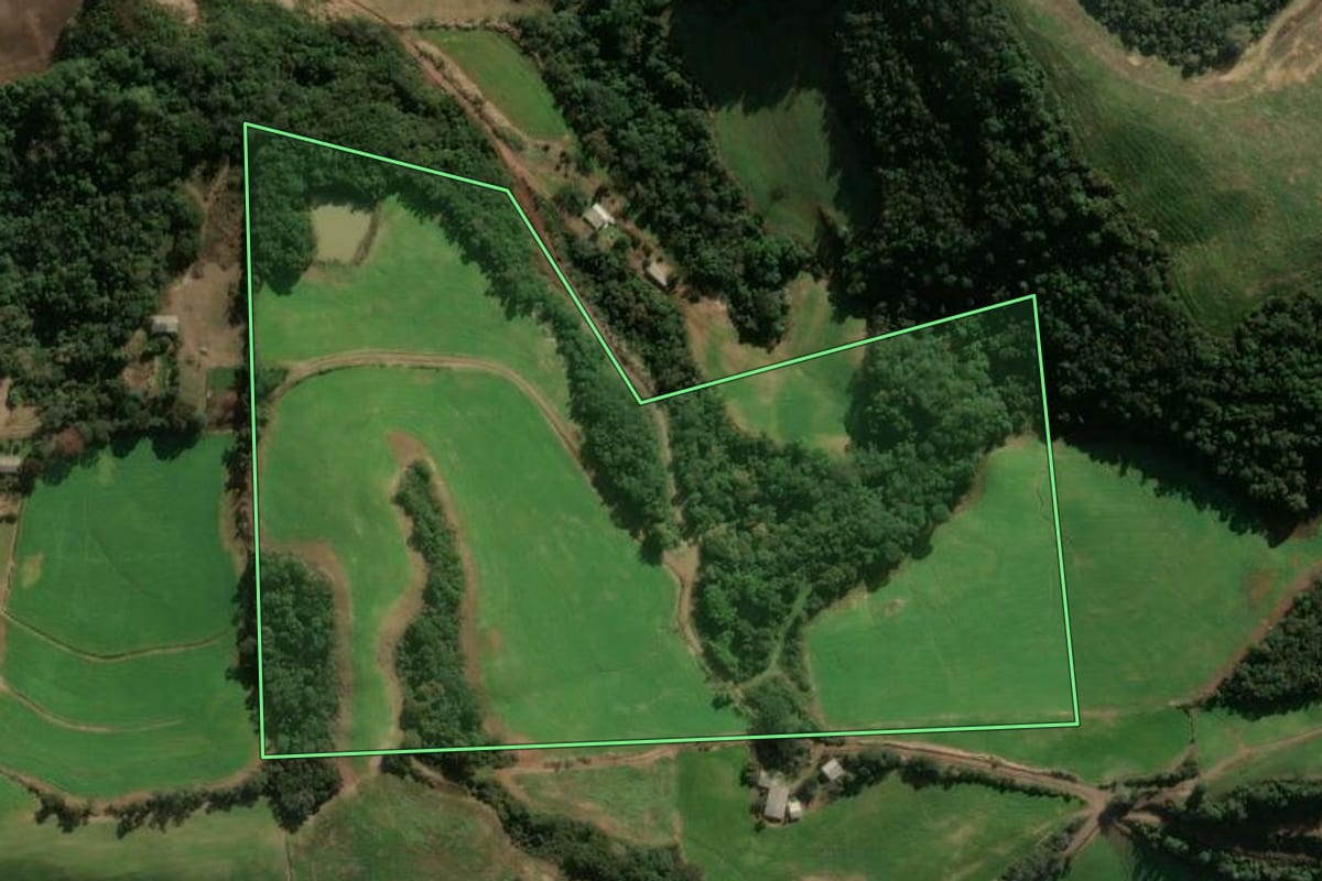 Imagem de satélite do imóvel rural em Serafina Corrêa (RS), com o contorno declarado no CAR desenhado por cima.