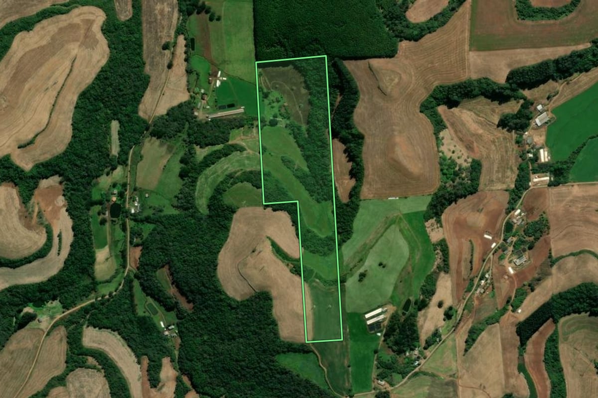 Imagem de satélite do imóvel rural em Serafina Corrêa (RS), com o contorno declarado no CAR desenhado por cima.