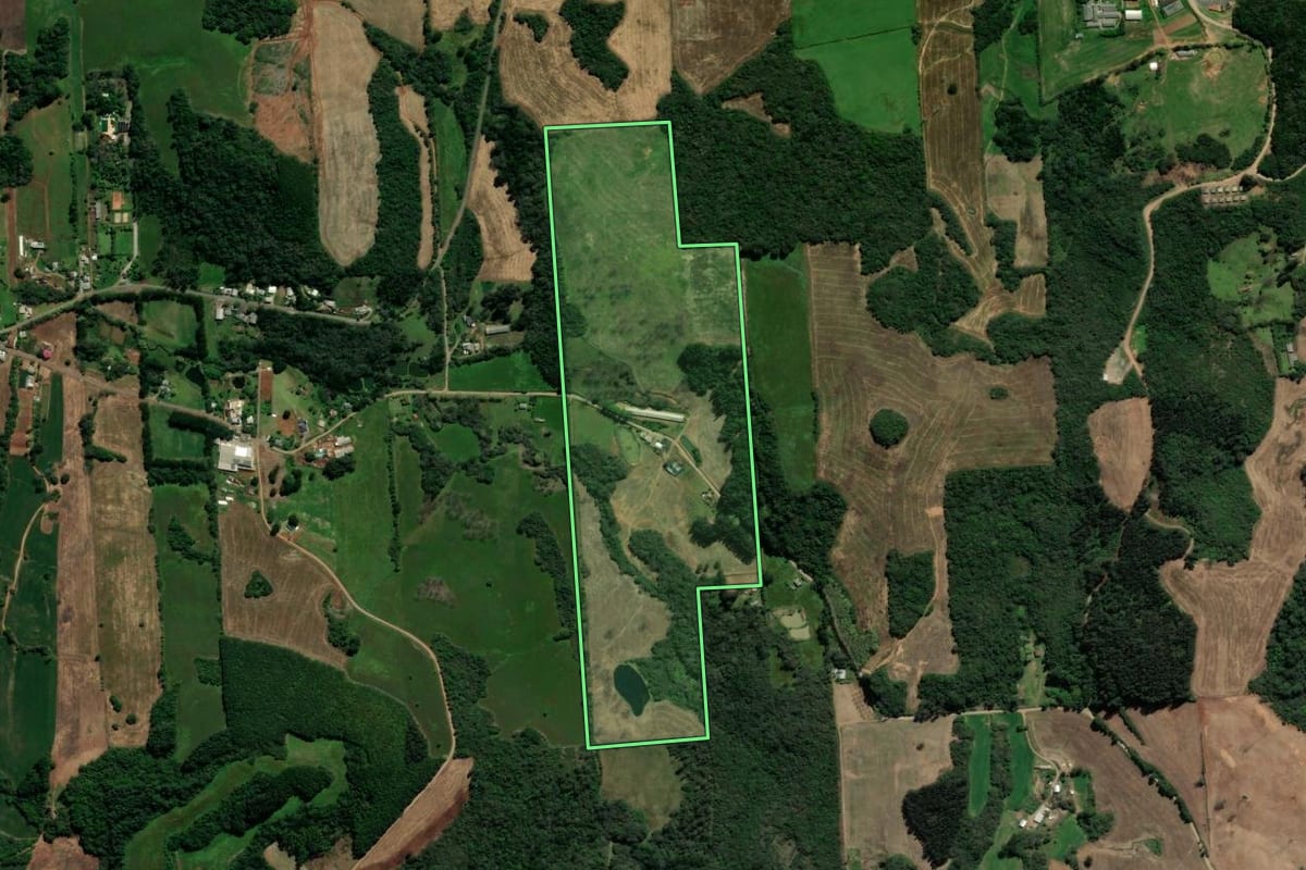 Imagem de satélite do imóvel rural em Serafina Corrêa (RS), com o contorno declarado no CAR desenhado por cima.