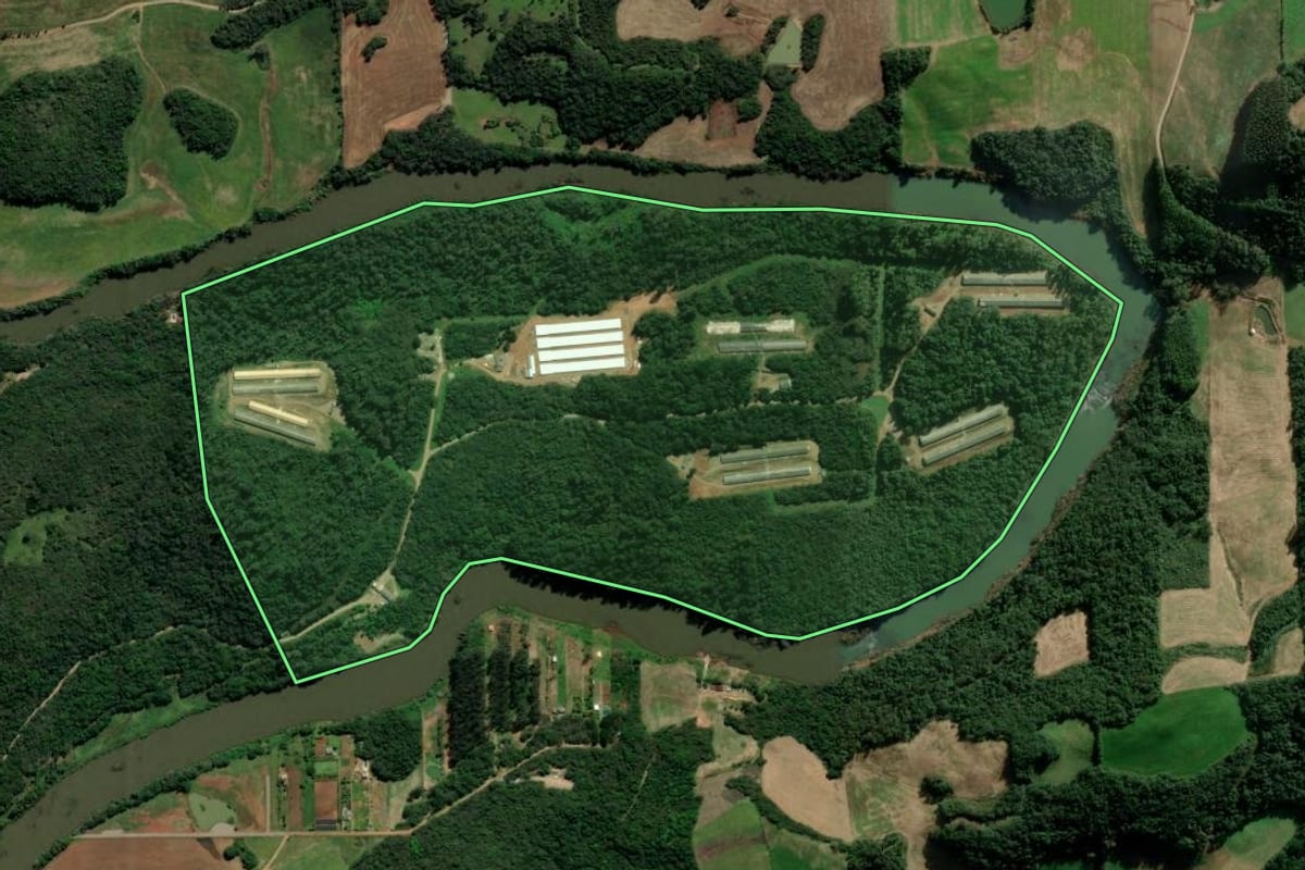 Imagem de satélite do imóvel rural em Serafina Corrêa (RS), com o contorno declarado no CAR desenhado por cima.