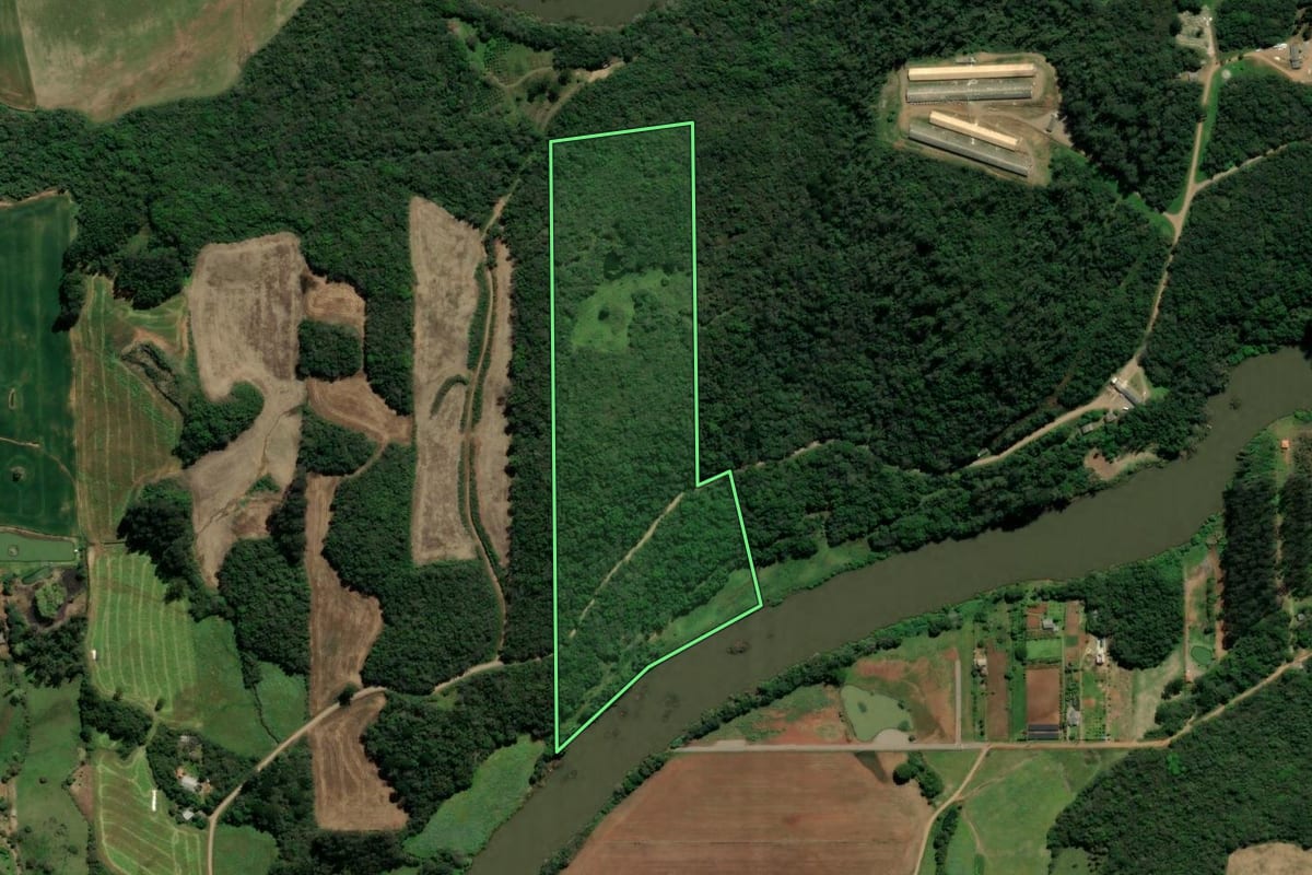 Imagem de satélite do imóvel rural em Serafina Corrêa (RS), com o contorno declarado no CAR desenhado por cima.
