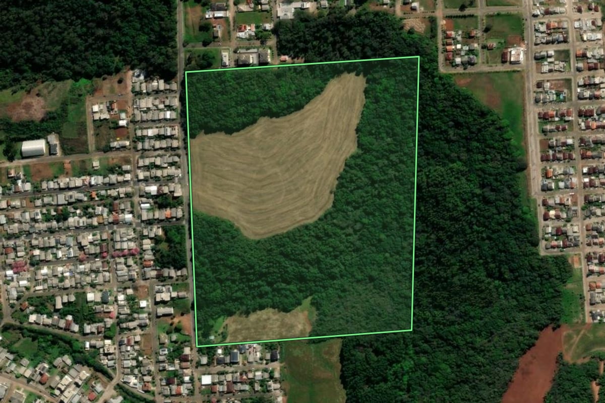 Imagem de satélite do imóvel rural em Serafina Corrêa (RS), com o contorno declarado no CAR desenhado por cima.