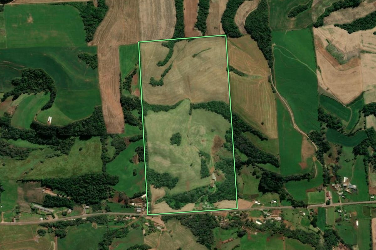 Imagem de satélite do imóvel rural em Serafina Corrêa (RS), com o contorno declarado no CAR desenhado por cima.
