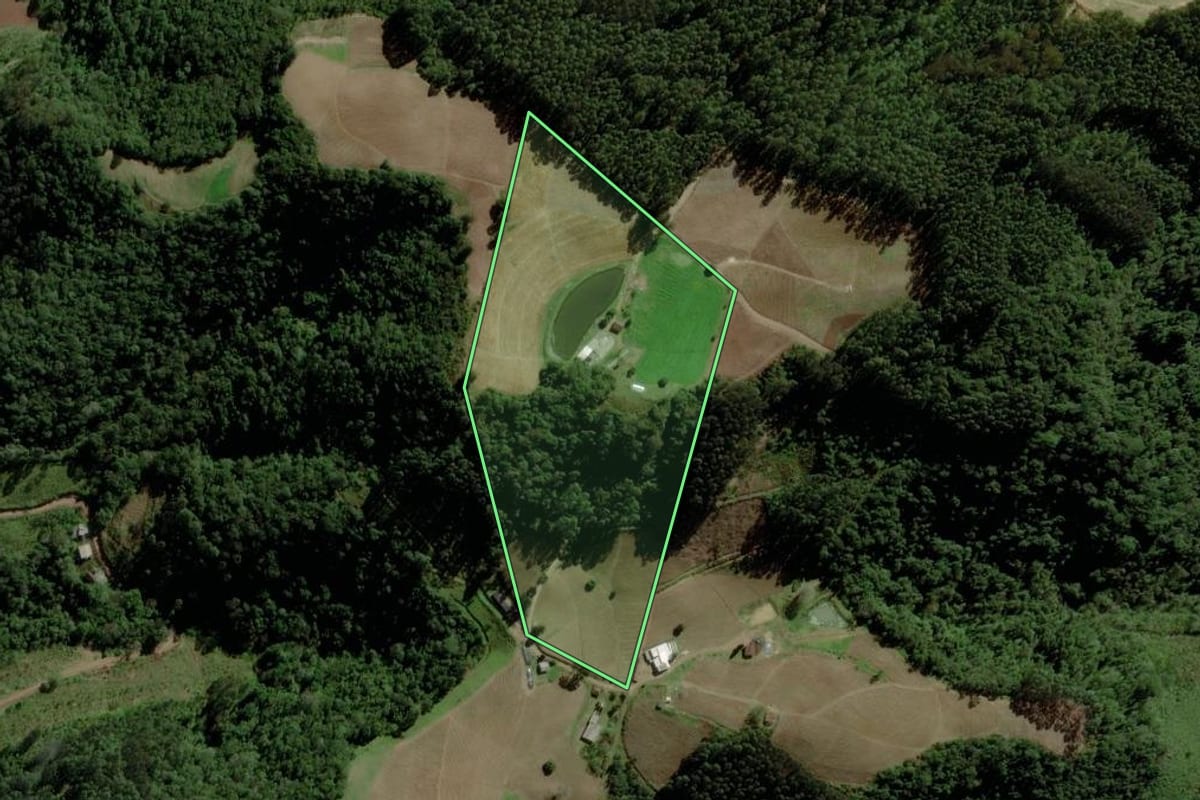 Imagem de satélite do imóvel rural em Sério (RS), com o contorno declarado no CAR desenhado por cima.