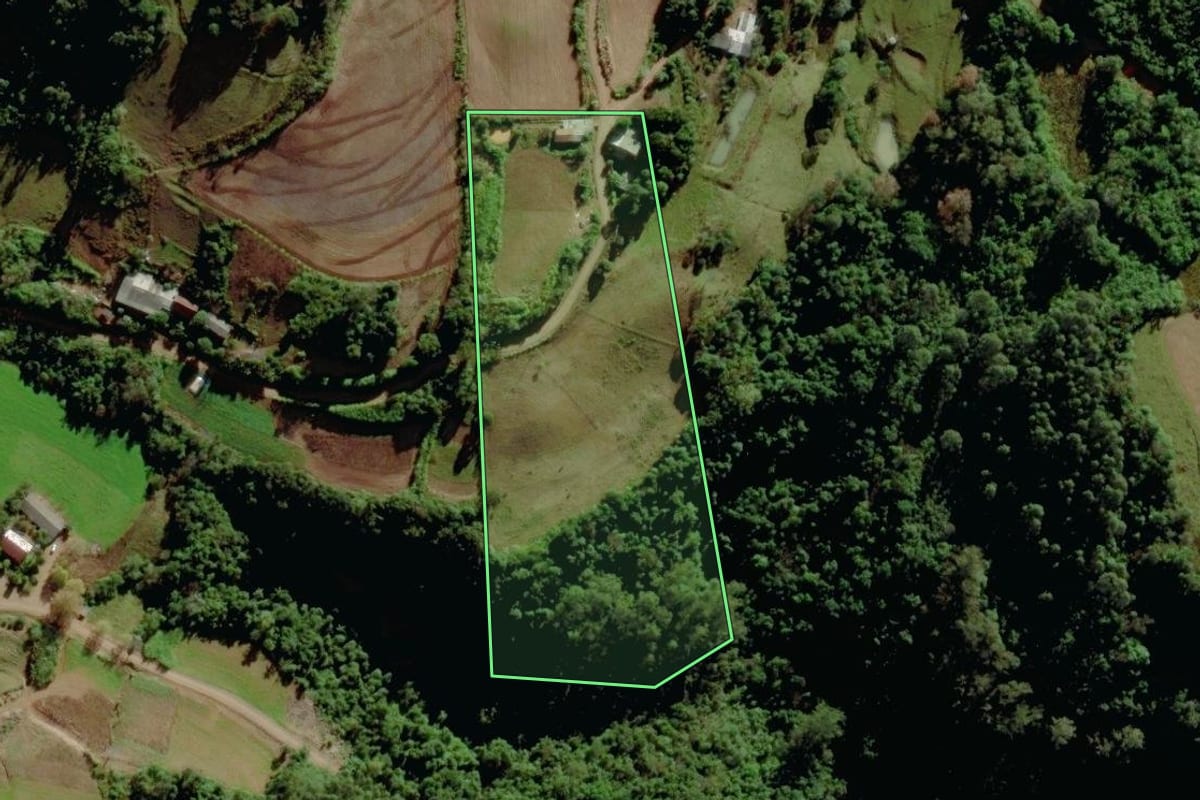 Imagem de satélite do imóvel rural em Sério (RS), com o contorno declarado no CAR desenhado por cima.