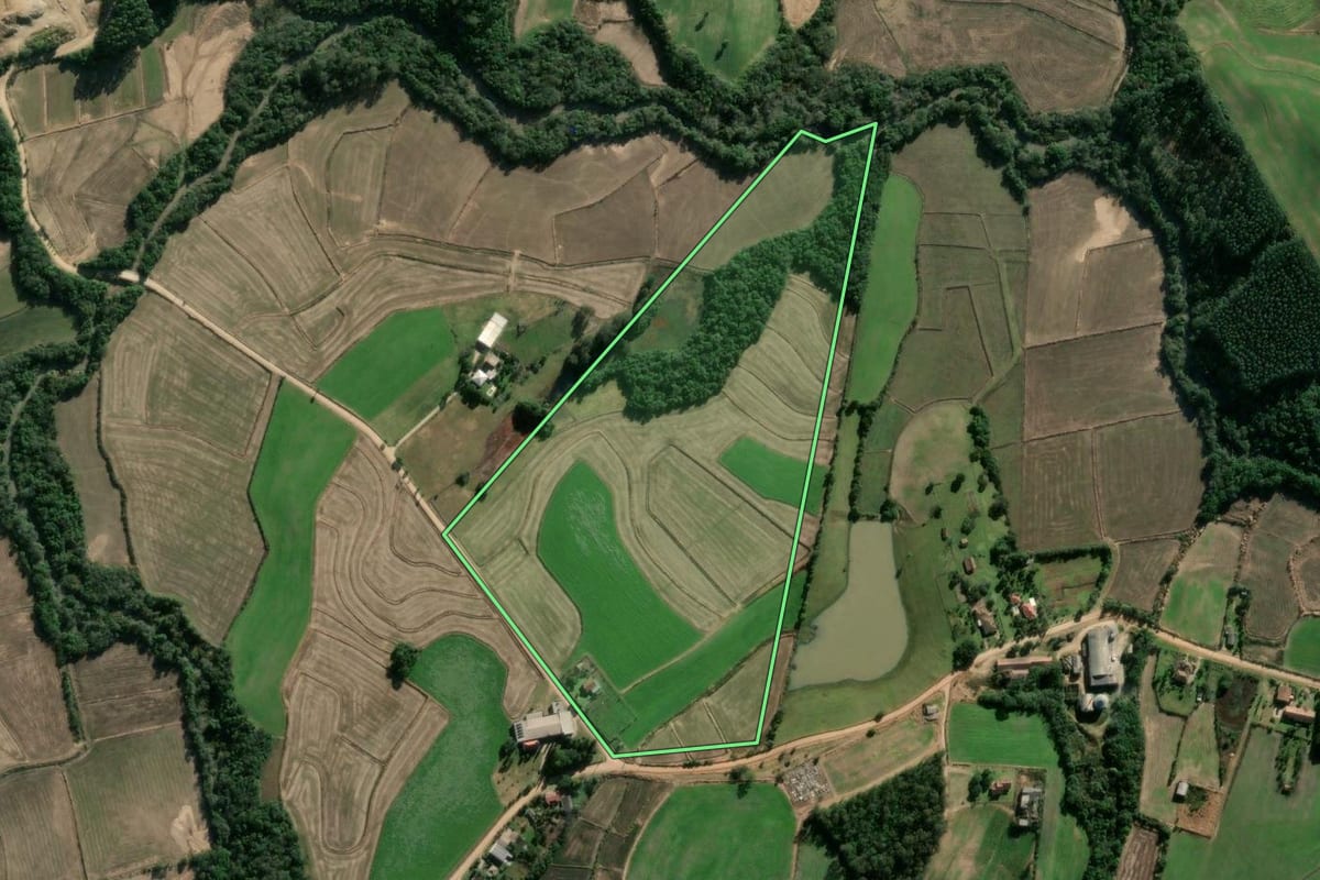 Imagem de satélite do imóvel rural em Sertão Santana (RS), com o contorno declarado no CAR desenhado por cima.