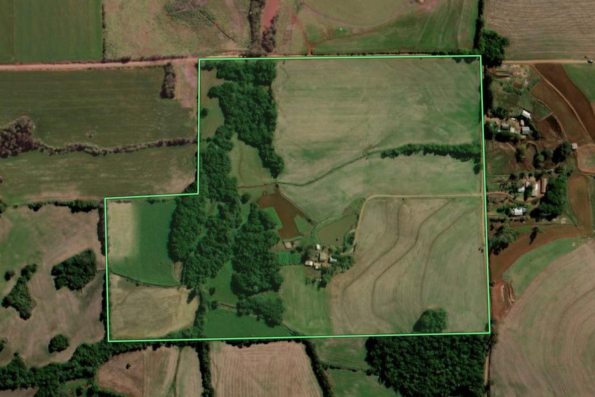 Imagem de satélite do imóvel rural em Sete de Setembro (RS), com o contorno declarado no CAR desenhado por cima.