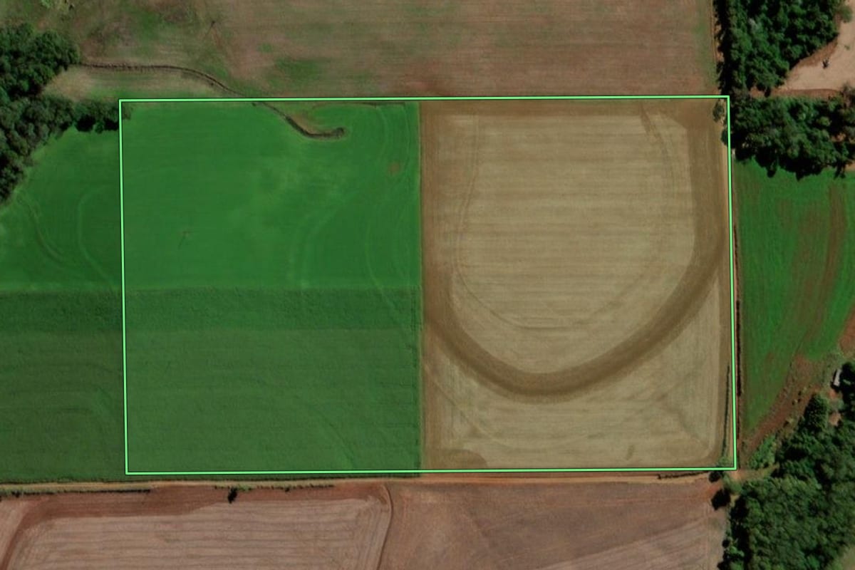 Imagem de satélite do imóvel rural em Sete de Setembro (RS), com o contorno declarado no CAR desenhado por cima.