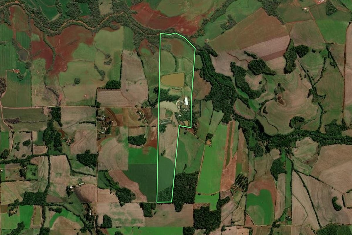 Imagem de satélite do imóvel rural em Sete de Setembro (RS), com o contorno declarado no CAR desenhado por cima.