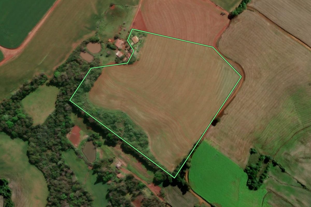 Imagem de satélite do imóvel rural em Sete de Setembro (RS), com o contorno declarado no CAR desenhado por cima.