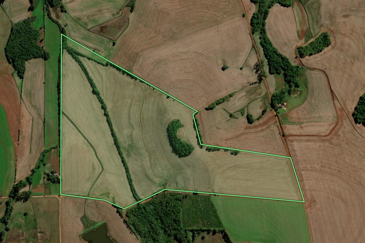 Imagem de satélite do imóvel rural em Sete de Setembro (RS), com o contorno declarado no CAR desenhado por cima.
