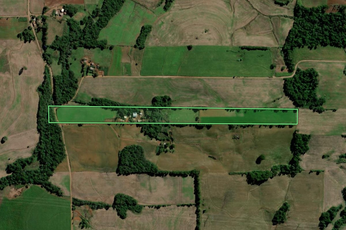 Imagem de satélite do imóvel rural em Sete de Setembro (RS), com o contorno declarado no CAR desenhado por cima.