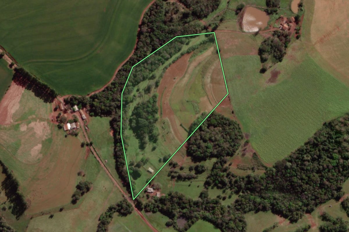 Imagem de satélite do imóvel rural em Sete de Setembro (RS), com o contorno declarado no CAR desenhado por cima.