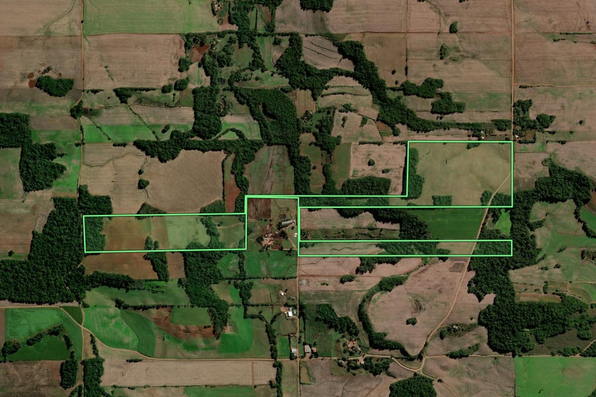 Imagem de satélite do imóvel rural em Sete de Setembro (RS), com o contorno declarado no CAR desenhado por cima.
