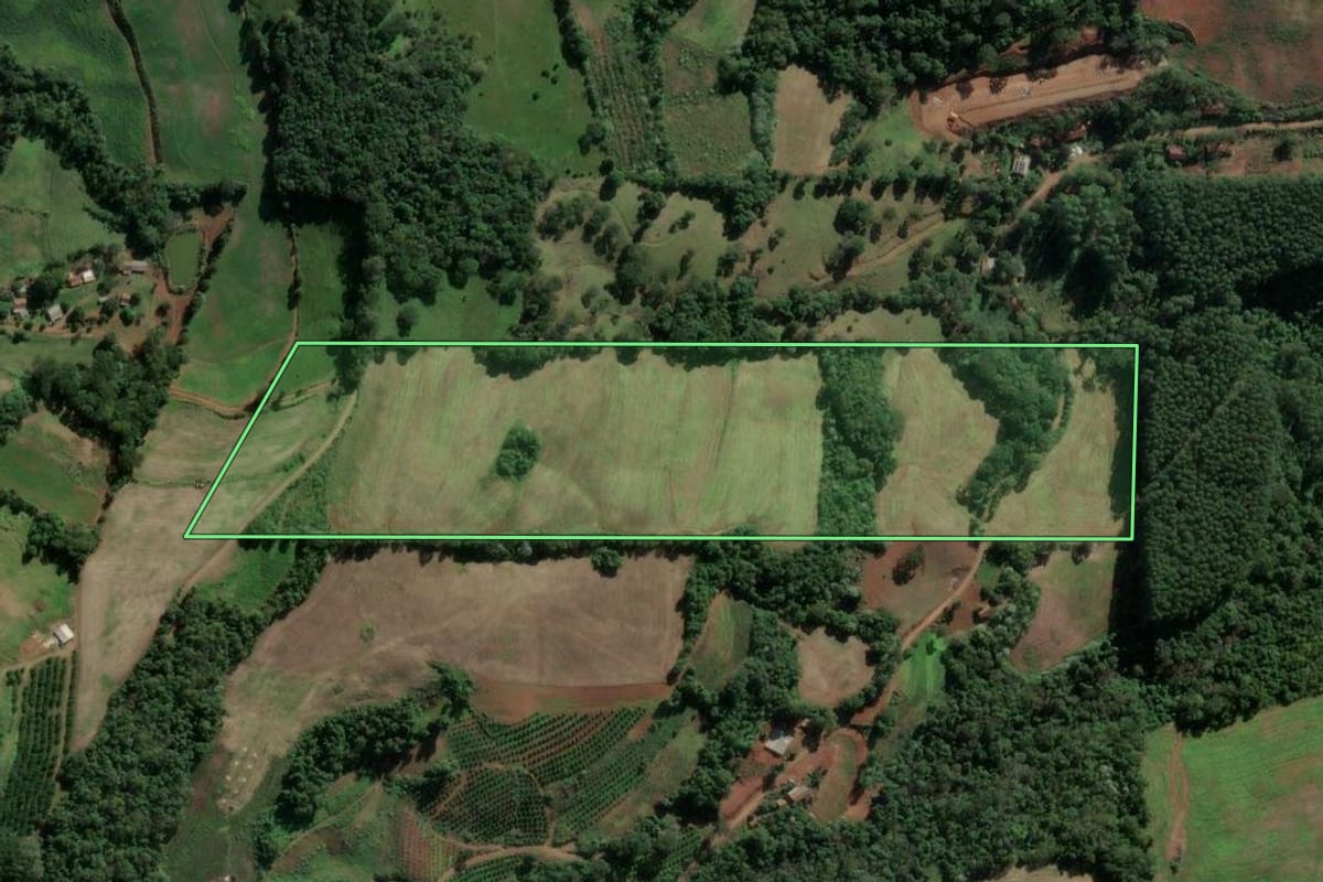 Imagem de satélite do imóvel rural em Severiano de Almeida (RS), com o contorno declarado no CAR desenhado por cima.
