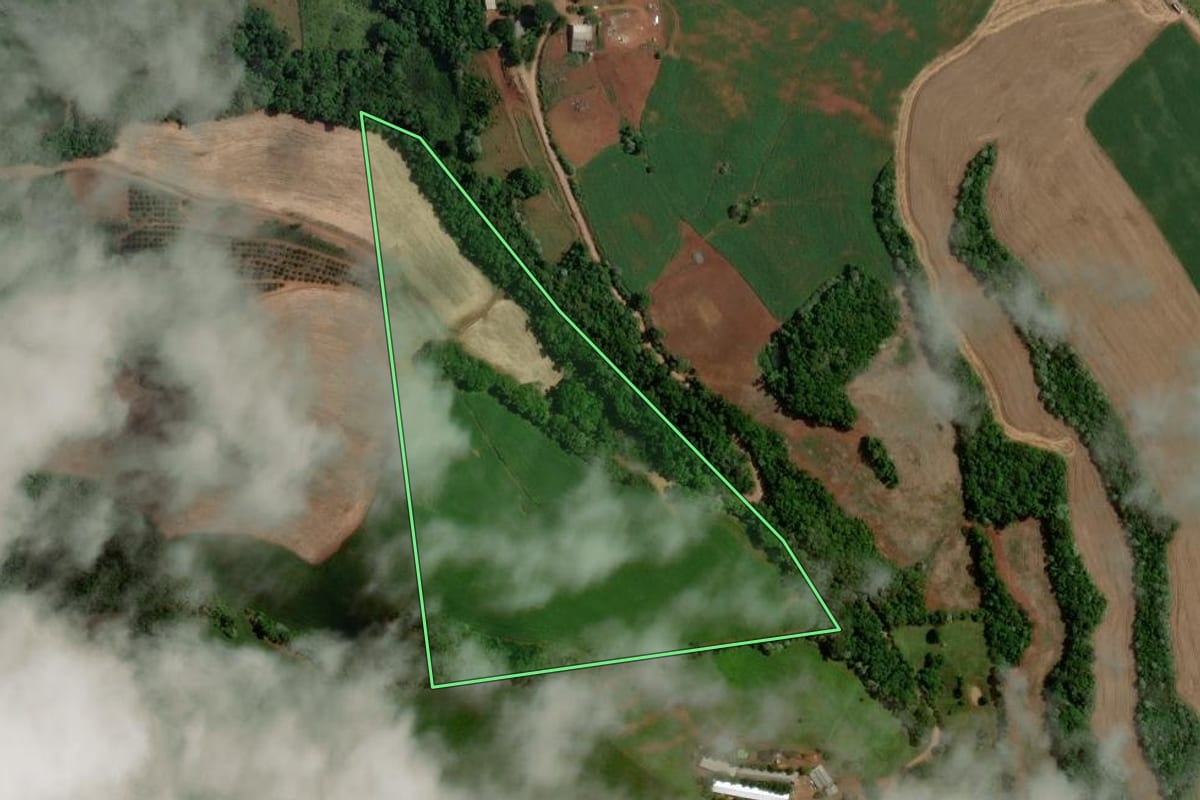 Imagem de satélite do imóvel rural em Severiano de Almeida (RS), com o contorno declarado no CAR desenhado por cima.