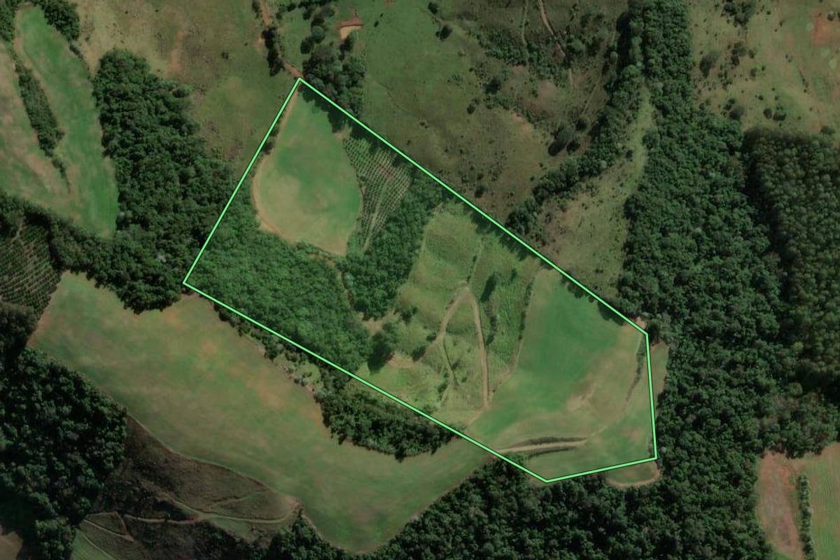 Imagem de satélite do imóvel rural em Severiano de Almeida (RS), com o contorno declarado no CAR desenhado por cima.