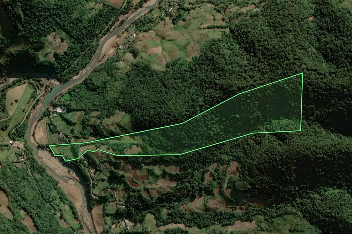 Imagem de satélite do imóvel rural em Sinimbu (RS), com o contorno declarado no CAR desenhado por cima.