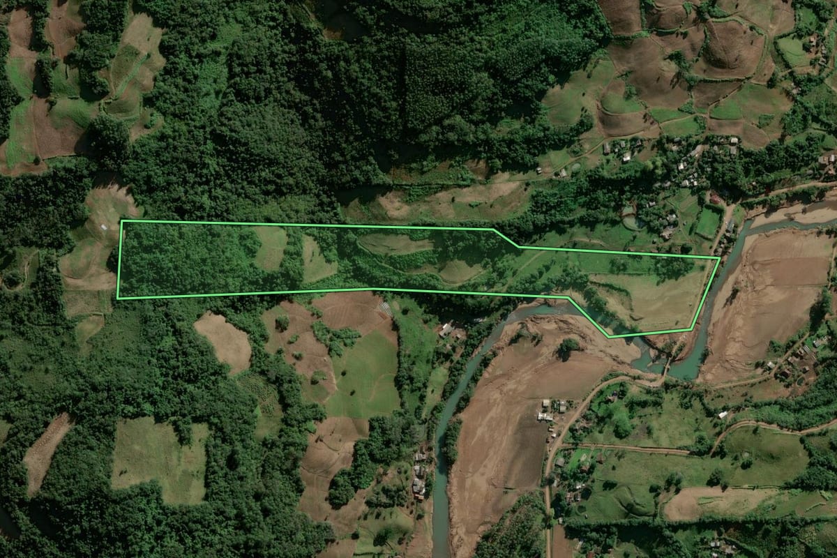 Imagem de satélite do imóvel rural em Sinimbu (RS), com o contorno declarado no CAR desenhado por cima.