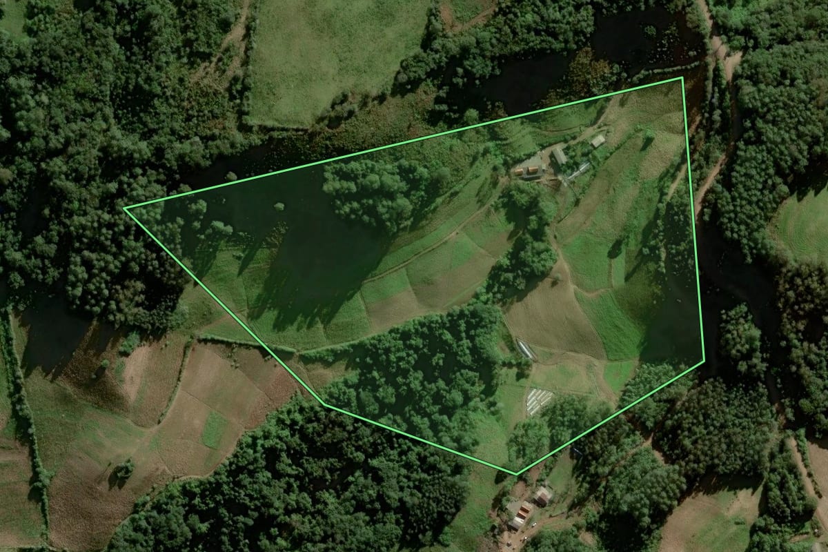 Imagem de satélite do imóvel rural em Sinimbu (RS), com o contorno declarado no CAR desenhado por cima.
