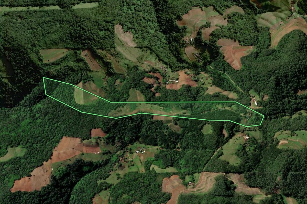 Imagem de satélite do imóvel rural em Sinimbu (RS), com o contorno declarado no CAR desenhado por cima.