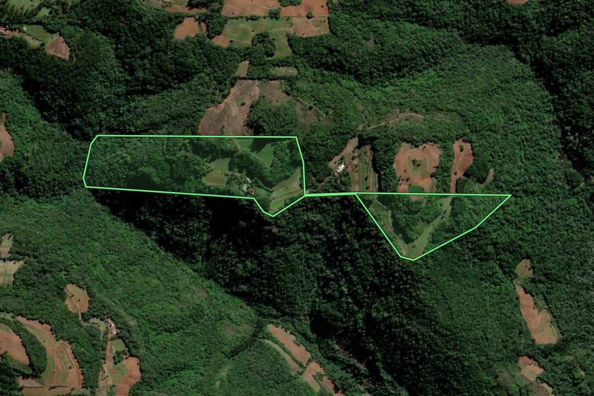 Imagem de satélite do imóvel rural em Sinimbu (RS), com o contorno declarado no CAR desenhado por cima.