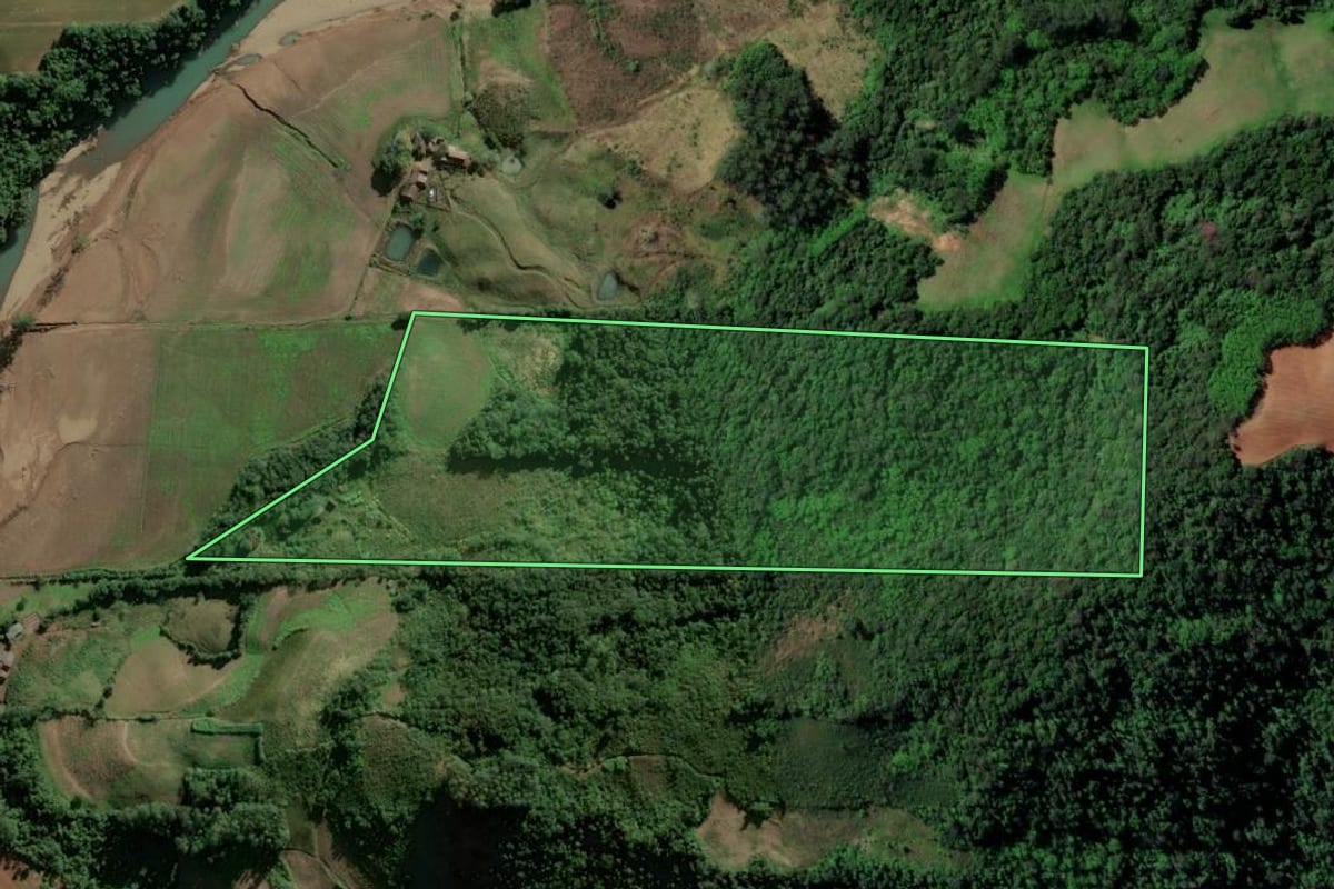 Imagem de satélite do imóvel rural em Sinimbu (RS), com o contorno declarado no CAR desenhado por cima.