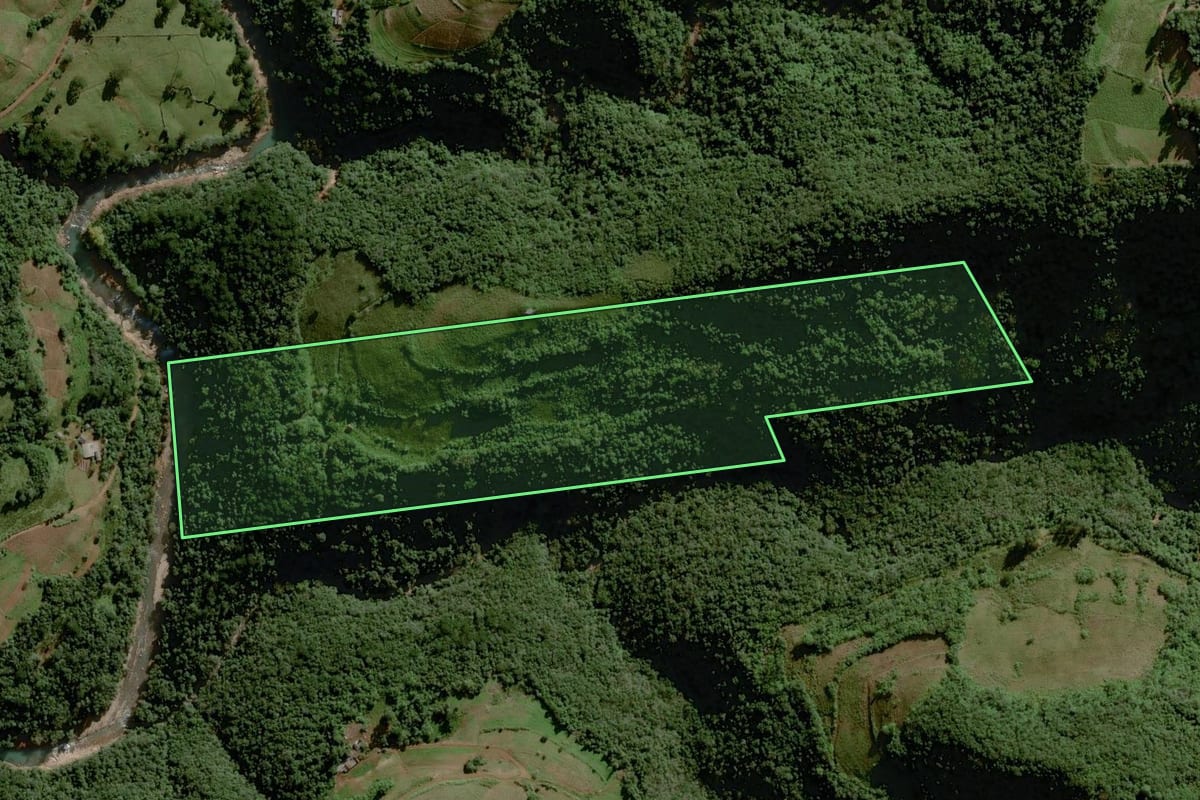 Imagem de satélite do imóvel rural em Sinimbu (RS), com o contorno declarado no CAR desenhado por cima.