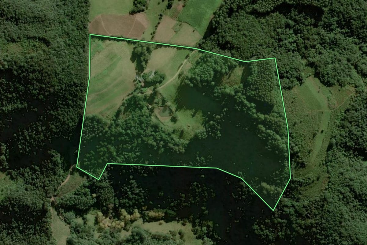 Imagem de satélite do imóvel rural em Sinimbu (RS), com o contorno declarado no CAR desenhado por cima.