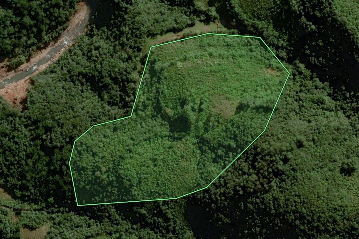 Imagem de satélite do imóvel rural em Sinimbu (RS), com o contorno declarado no CAR desenhado por cima.