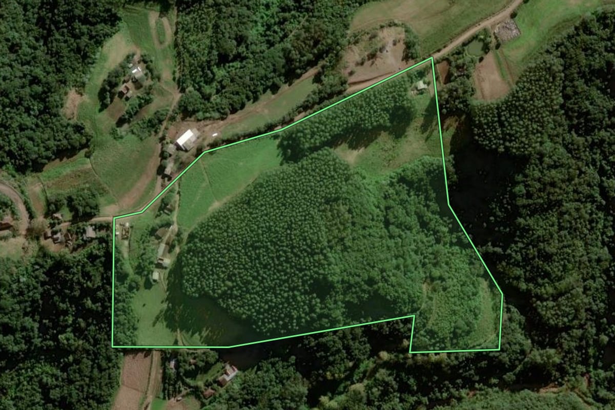 Imagem de satélite do imóvel rural em Sinimbu (RS), com o contorno declarado no CAR desenhado por cima.