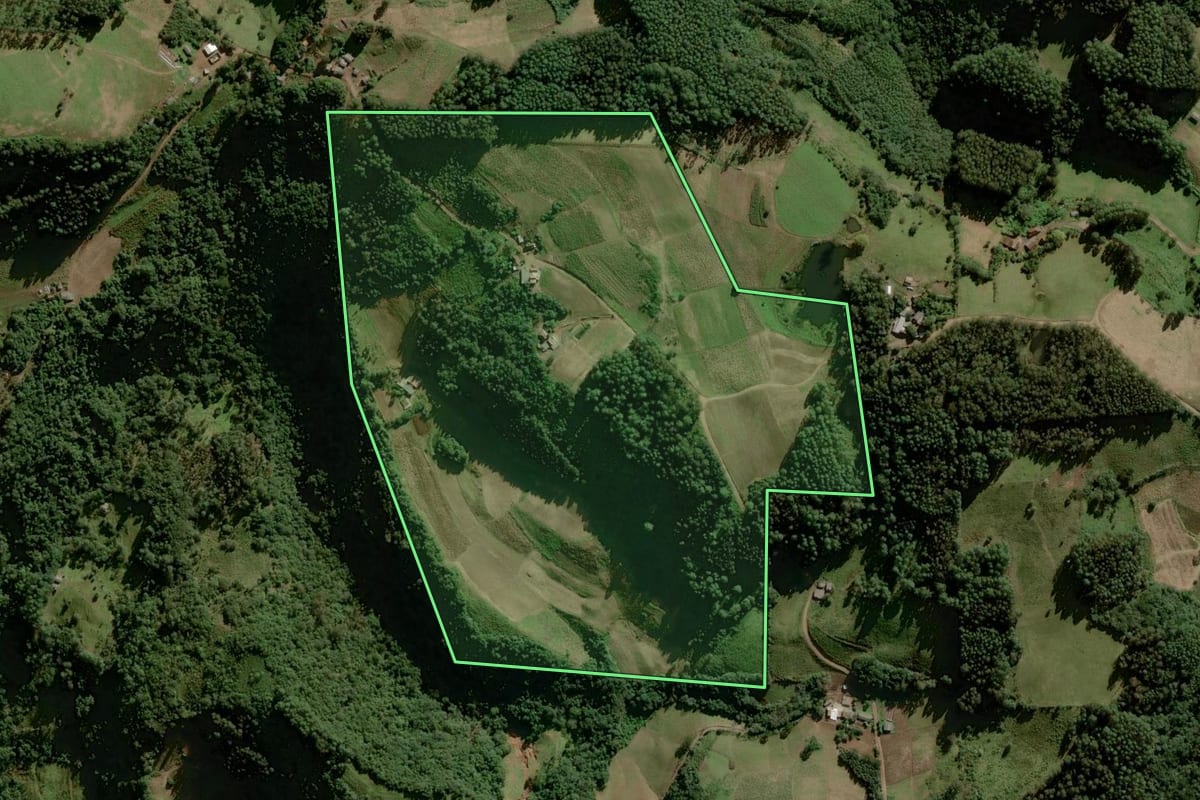 Imagem de satélite do imóvel rural em Sinimbu (RS), com o contorno declarado no CAR desenhado por cima.