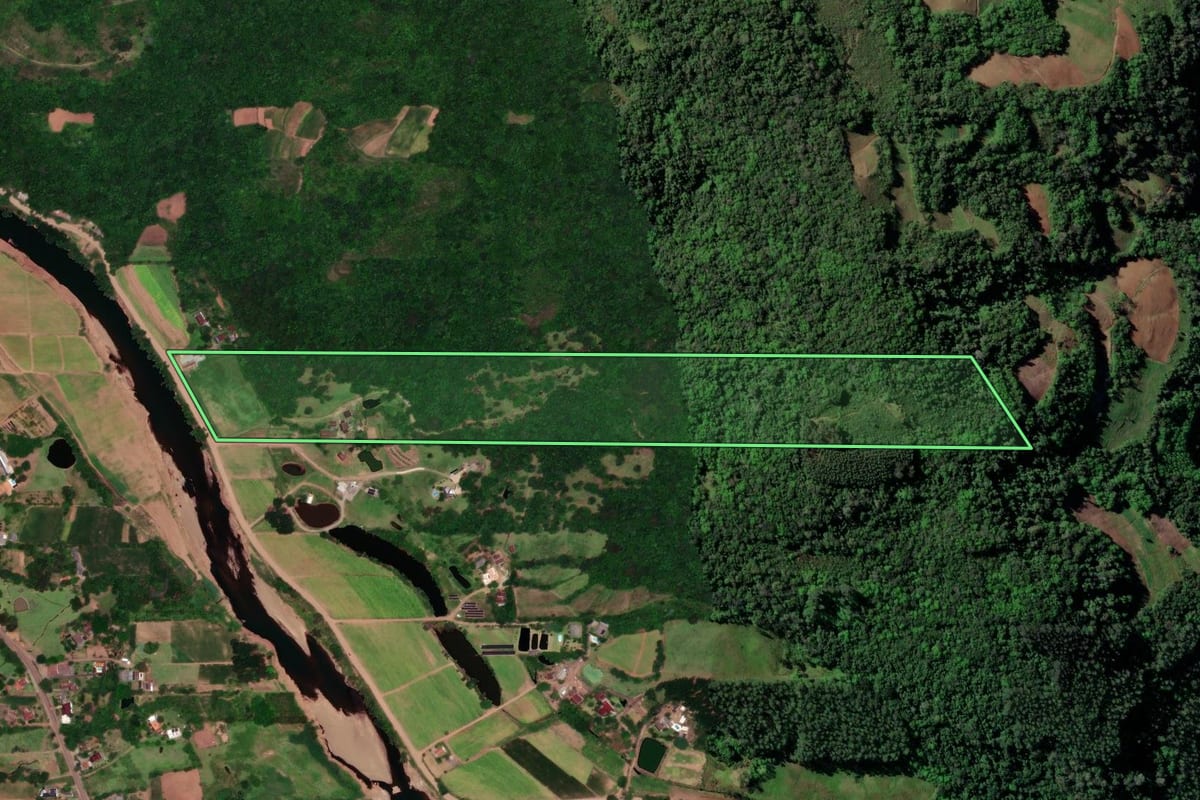 Imagem de satélite do imóvel rural em Sinimbu (RS), com o contorno declarado no CAR desenhado por cima.