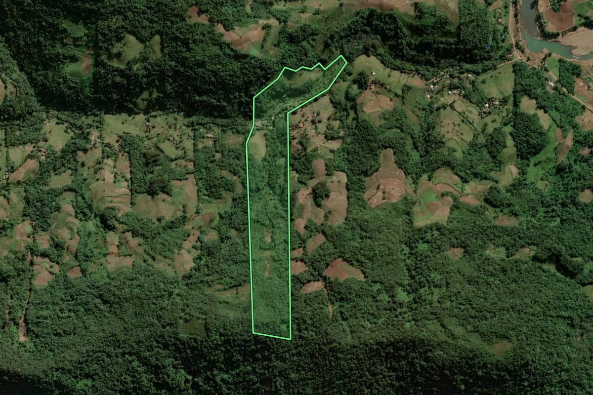 Imagem de satélite do imóvel rural em Sinimbu (RS), com o contorno declarado no CAR desenhado por cima.