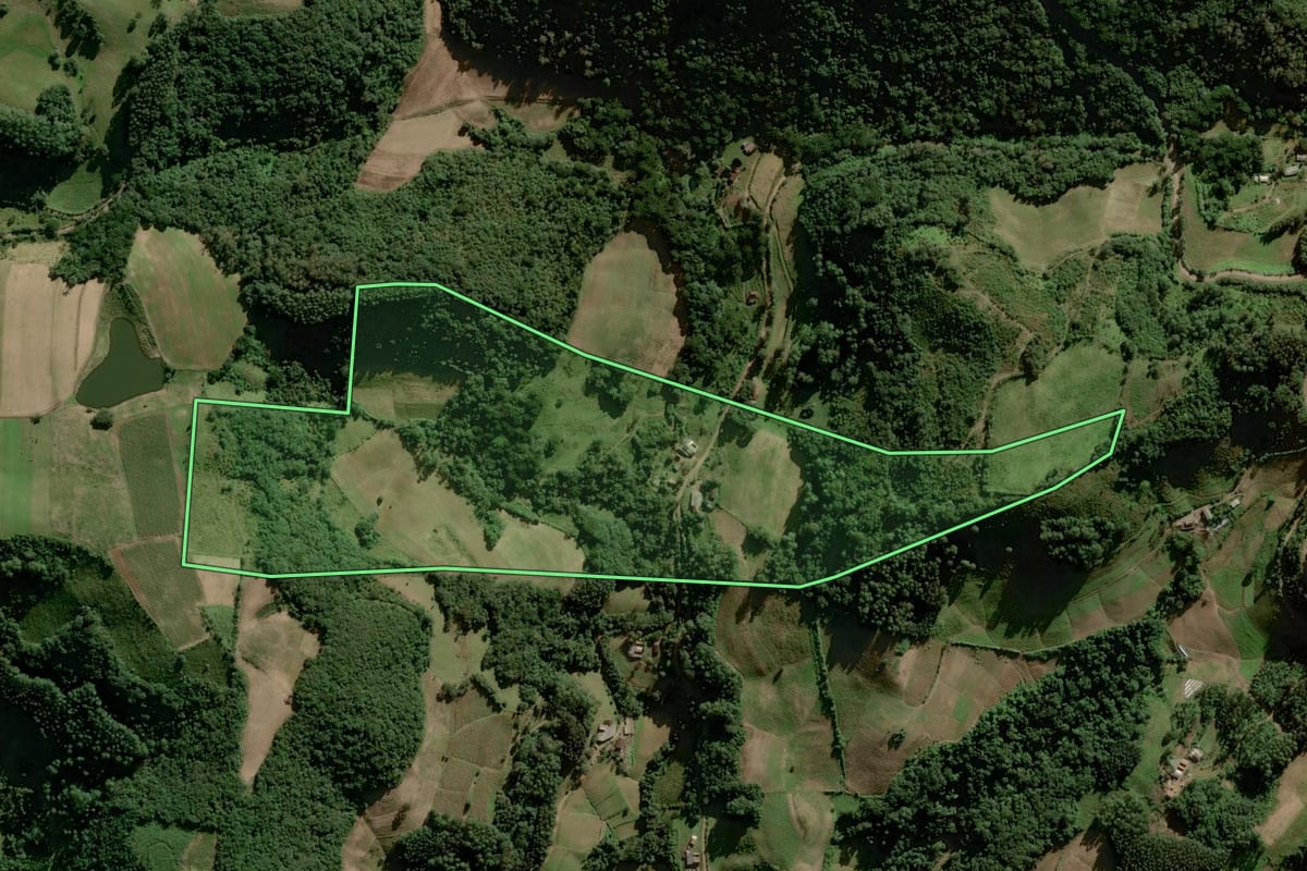 Imagem de satélite do imóvel rural em Sinimbu (RS), com o contorno declarado no CAR desenhado por cima.